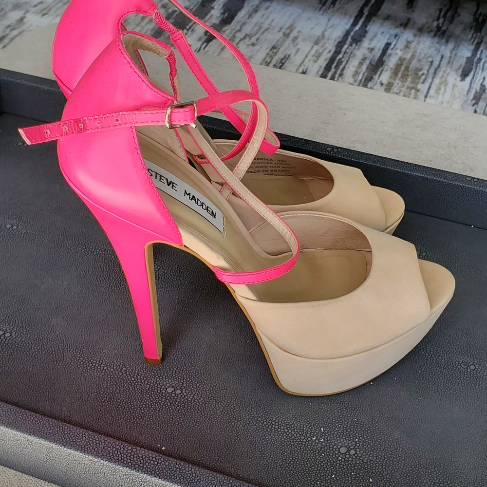 Steve Madden Hot Pink and Nude Strappy Platform Heels - Picture 3 of 11